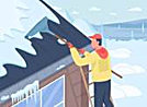 Rooftop snow removal flat color vector illustration Rooftop snow removal flat color vector illustration. Clearing roof of residential estate in cold weather. Man on ladder with snow remover tool 2D cartoon characters with landscape on background snow removal roof stock illustrations